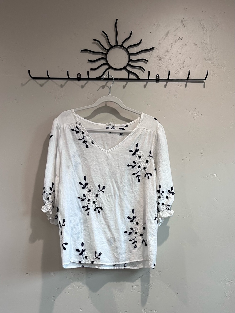 White V-Neck Embroidered Floral Tunic Top